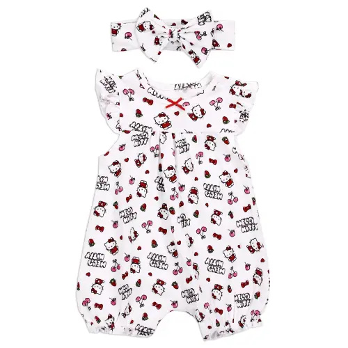 Hello Kitty Baby Bodysuit with Matching Headband, White, Red, Black Officially Licensed Sanrio Design, Soft Cotton Blend 0-3M