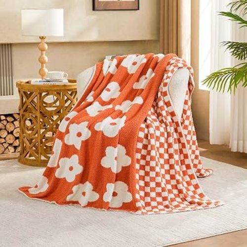 XIBLC Checkered Throw Blanket, Orange Flower Blanket for Couch, 50"x60" Soft Plaid Knit Blanket for Home Decor, Reversible Checkerered Blankets for Sofa, Chair, Bed