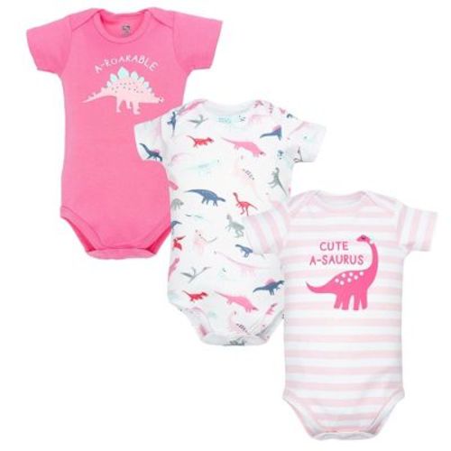 Hudson Baby Girl Cotton Bodysuits 3-Pack, Girl Dino, 0-3 Months
