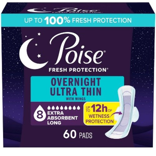 Poise Ultra-Thin with Wings Long Overnight Pads - 60ct
