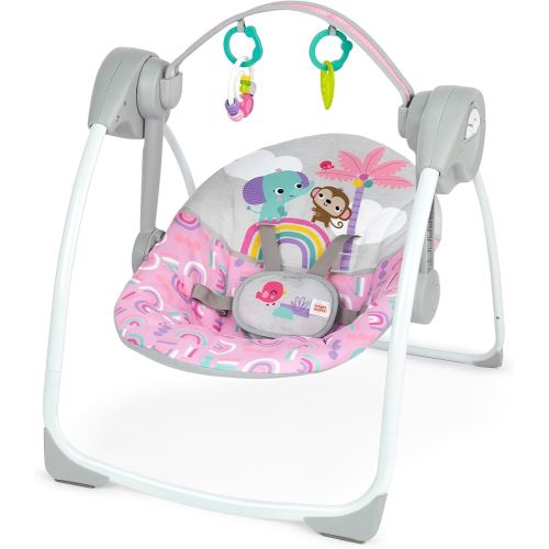 Bright Starts Pink Paradise Portable Compact Automatic Baby Swing with Music, Unisex, Newborn +
