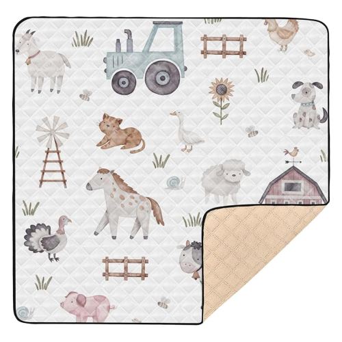 Baby Play Mat Watercolor Farm Animals Tractor 50 x 50 Playpen Mat Baby Play Mats for Floor Play Gym Crawling Mat Non-Slip Cushioned Baby Playmat for Infants, Babies, Toddlers