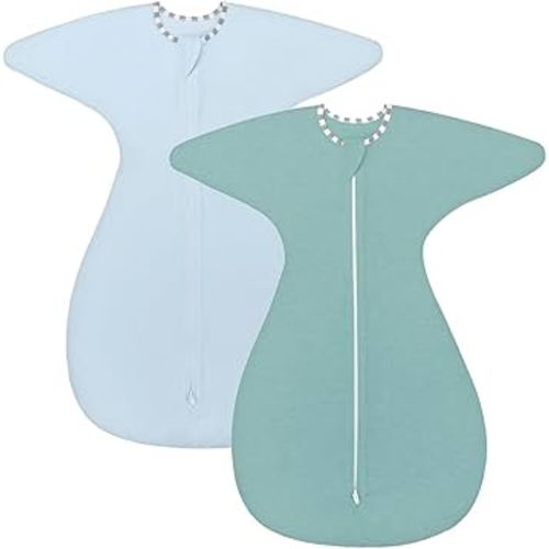 ZIGJOY Shark-Fin Transition Swaddle - 0.5 Tog Rayon Made from Bamboo Sleep Sack Soft Transitional Swaddle Baby Wearable Blanket with 2-Way Zipper, Green&Blue, 3-6 Months