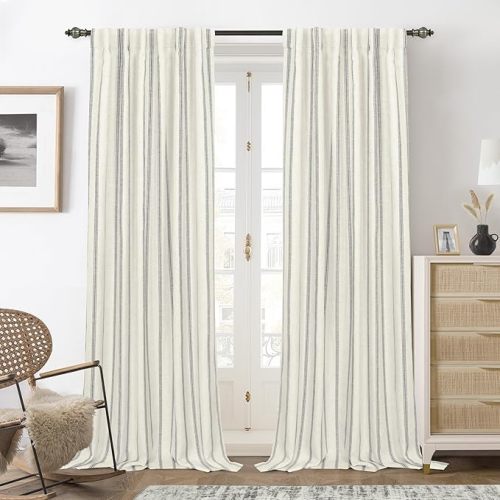 DriftAway Farmhouse Linen Blackout Curtains 84 Inches Long for Bedroom Striped Double Layer Thermal Insulated Sound Reducing Lined Grommet Rustic Drapes for Living Room 2 Panels W52 x L84 Loden Green