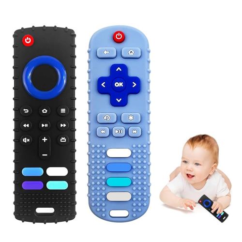 2-Pack Silicone Baby Teething Toys, TV Remote Teethers for 6-12-18 Months Infant, Fire Stick Remote Control Shape Baby Silicone Teethers, Chew Toys for Boys and Girls (New-F Black+R Blue)