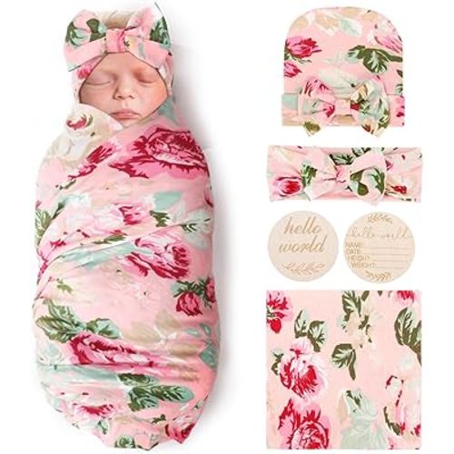 Newborn Receiving Blanket with Bow Hat Headband Wooden Card Set Newborns Toddler Baby Boy Girl Nursery Swaddle Wrap