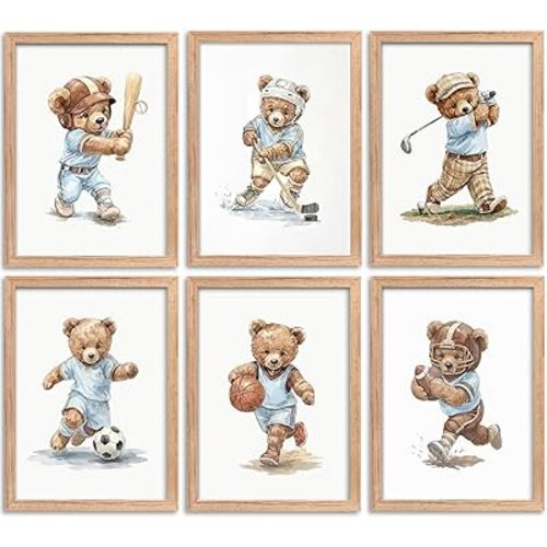 6Pcs Sports Teddy Bear Canvas Wall Art - Watercolor Kids Room Canvas Wall Decor, Cute Baseball Soccer Hockey Golf Basketball Football Poster Set for Boys Bedroom Nursery Playroom Farmhouse Home Decor,Unframed