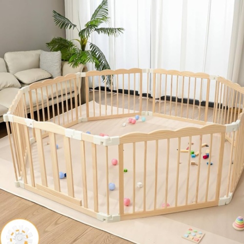 Baby Playpen Natural Wood Playpen for Babies and Toddlers Portable Infant Play pens for Kids Extra Large Toddler Wood Fence Play Area with Suction Cups(Foldable Connector)