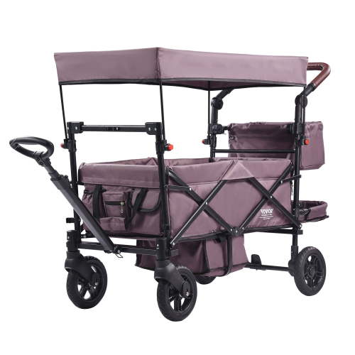 VEVOR Wagon Stroller for 2 Kids, Push Pull Quad Collapsible Stroller with Adjustable Handle, Encircling Harness Removable Canopy,4 Wheels w/Brakes,Mutifunction Tandem Stroller for Camping Dark Purple
