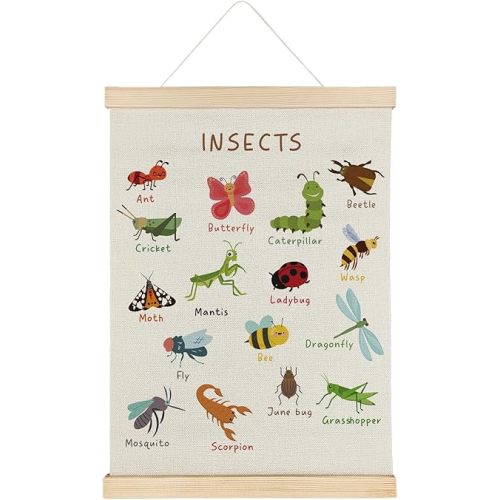 SereneHanctuary Insect Animal Wall Art,Animal Nursery Wall Decor, Boho Insects Educational Poster Hanger Frame for Toddler Kids Bedroom Nursery Playroom Classroom Decor,12x16 Inches