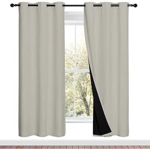 NICETOWN 100% Blackout Window Curtain Panels, Full Light Blocking Drapes with Black Liner for Nursery, 72-inch Drop Thermal Insulated Draperies (Natural, 2 Pieces, 42-inch Wide Per Panel)