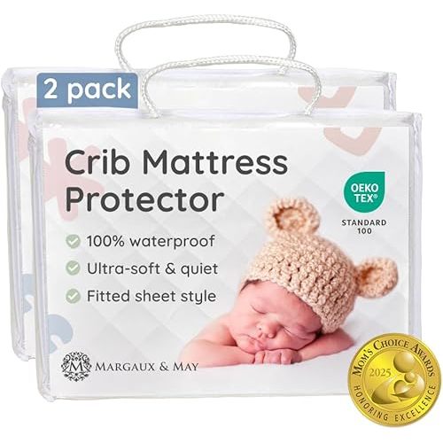 Margaux & May Crib Mattress Protector, 2 Pack – 100% Waterproof Baby Crib Mattress Protector Pad, Highly Absorbent Quilted Cover, Oeko-TEX® Certified, Noiseless, Fitted 28" x 52" Standard Crib Fit