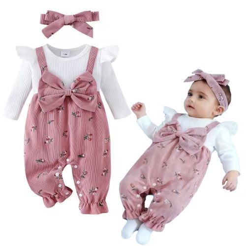 Infant Baby Girls Fall Outfit Long Sleeve Romper Floral Print Fake Two Pieces Patchwork Bow Jumpsuits And Headband Set
