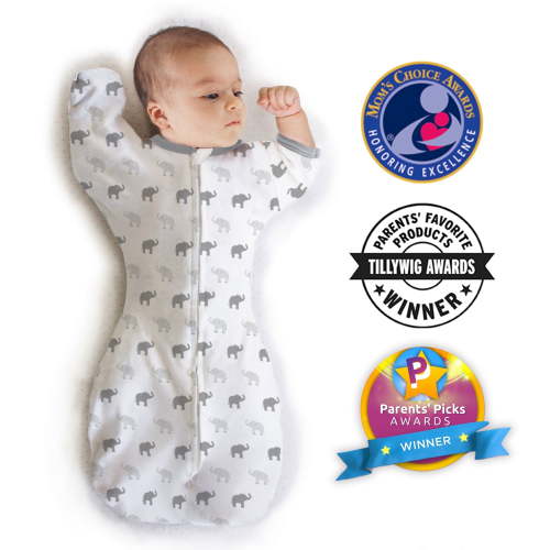 Amazing Baby Transitional Swaddle Sack with Arms Up Half-Length Sleeves and Mitten Cuffs, Better Sleep for Baby Boy & Baby Girl, Tiny Elephants, Sterling, Small, 0-3 Mo, 6-14 lbs