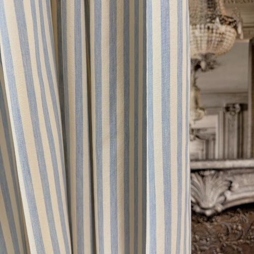 Blue Stripe Curtains on Soft Ivory, Vertical Drapery Panels Custom Length