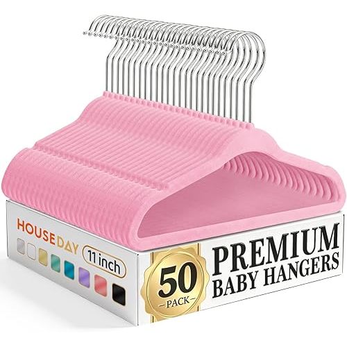 HOUSE DAY 11 Inch Velvet Baby Hangers 50 Pack Lt-Pink, Premium Kids Hangers for Children, Infant & Toddler Clothes, Durable Non Slip Small Baby Felt Hanger for Closet, Ideal for Everyday Use