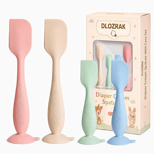 Baby Diaper Cream Spatula 4 Pack, Butt Spatula Baby with Travel Case, Soft Butt Paste Spatula with Suction Base, Portable Diaper Spatula,Perfect Baby Shower Gift
