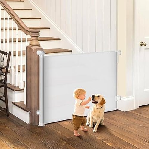Retractable Baby Gate, 55" Wide Mesh Pet Gate with Anti-Crawling Hook, Safety Lock, One-Hand Operation, 34" Tall Baby Gate for Stairs, Doorways, Hallways, Garage, Indoor Outdoor, White