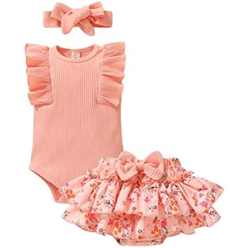 Tiny Cutey Baby Girl Clothes Infant Summer Outfits Set Ruffle Sleeve Romper and Floral Shorts with Headband (Pink Romper and Ruffle Shorts, 6-12 Months)