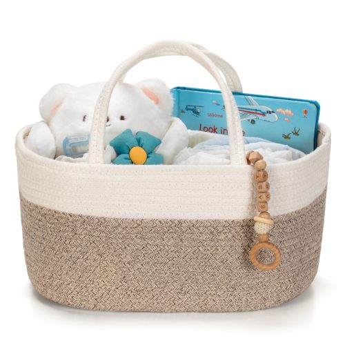 Amazon.com: Diaper Caddy Organizer, Gift Basket for Baby Shower, Newborn Essentials | White/Beige Brown | Large, 15.7 x 10.2 x 8.3 in | Removable Dividers | Sturdy Handles | Portable Baby Boy Girl Woven Basket