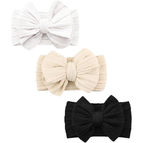 Baby Bows Headbands Soft Nylon Handmade Hair Accessories for Newborn Infant Toddler Kids (3 Mixed White, Large)