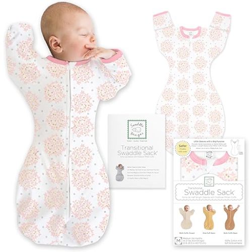 SwaddleDesigns Transitional Swaddle Sack, Arms Up Half-Length Sleeves & Mitten Cuffs, Most Gradual Transition Swaddle for Newborns to Sleep Sack, Lrg, 6-9 mo, 21-24 lb, Heavenly Floral