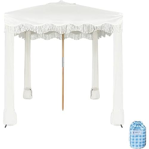 AMMSUN Beach Cabana with Fringe, 7' x 7' Boho Canopy, White Elegant