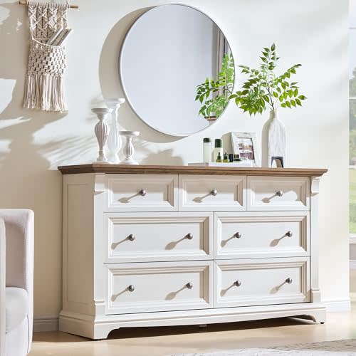 T4TREAM Farmhouse 7 Drawers Dresser for Bedroom, 54" Wide Wood Rustic Chest of Drawers w/Roman Column, Wooden Storage Dressers Organizer for Bedroom, Living Room, Closet, Antique White