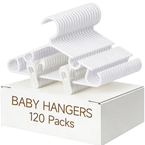 Nursery Baby Hangers with Clips, 40 Newborn Kids Plastic Clothes Hangers for Toddler Pants – with 80 Clips for Children's Clothes Packs(White,120 Packs)