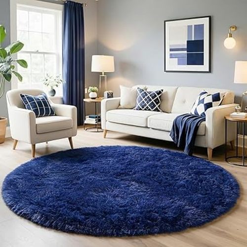 Navy Blue Round Rug 6Ft for Boys Bedroom, Large Fluffy Fuzzy Circle Area Rugs for Kids Playroom, Living Room Decor Aesthetic, Cute Shaggy Plush Floor Royal Dark Blue Carpet for Dorm Teen Baby Nursery