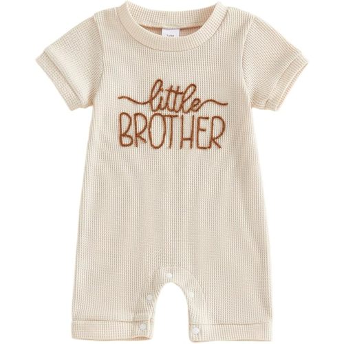 Newborn Baby Boy Summer Outfit Romper Letter Embroidery Short Sleeve Jumpsuit Bodysuit Cute Infant Waffle Clothes