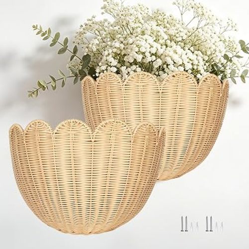 2PCS French Provence Scalloped Scallop Woven Wicker Wall Baskets Basket