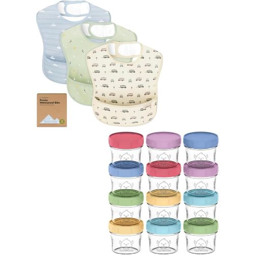 Keababies 3-Pack Waterproof Baby Bibs for Eating and 12-Pack Baby Food Glass Containers - Lightweight Baby Bib with Food Catcher - 4 oz Leak-Proof, Microwavable, Baby Food Storage Container