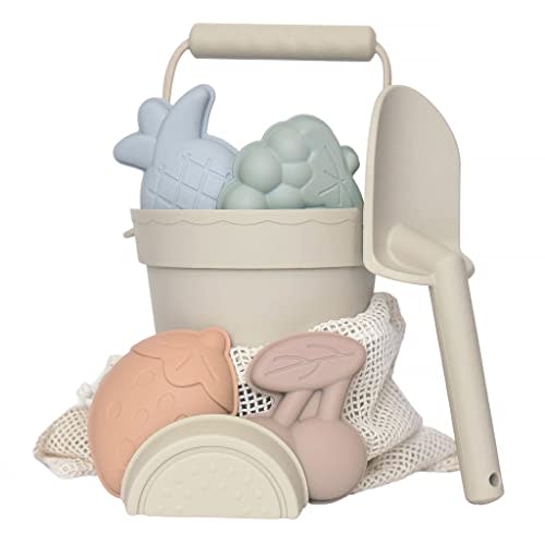 ForeverElla Silicone Beach Toy Set - Eco-Friendly, Easy to Clean, 5 Sand Toy Molds, Shovel & Beach Bag - Beach Toys for Kids Ages 4-8, Toddlers 1-3, Baby Beach Toys - Travel Friendly