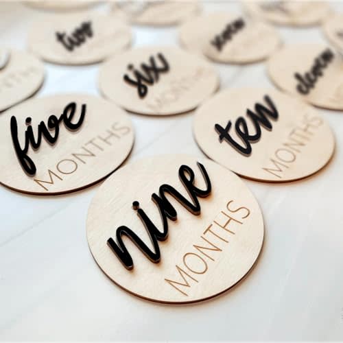 Baby Monthly Milestone Markers Disc, Wooden 3D Milestone Cards for Photos, Baby Announcement Sign, 1-12 Months, Wooden Baby Milestone Sign (Black)