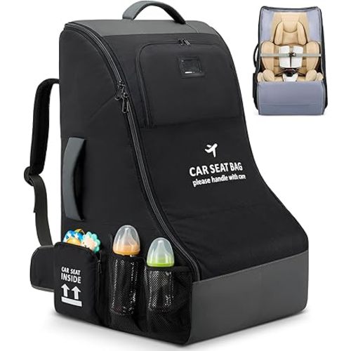 RAINSMORE Car Seat Travel Bag for Airplane Padded Car Seat Backpack Heavy-duty Car Seat Cover for Air Travel Gate Check Carseat Carrier Bags for Airport Fits Infant Carriers & Boosters