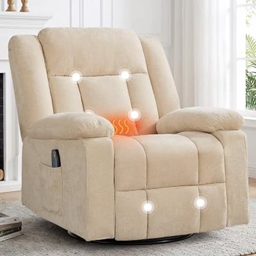 Korser Rocker Recliner Chair for Adults, 360° Swivel Rocker Recliner with Massage and Heating, Nursery Rocking Chairs with Side Pockets, Manual Reclining Chair for Living Room,Nursery