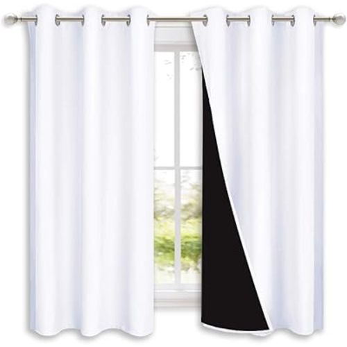 NICETOWN Pure White 100% Blackout Lined Curtains, 2 Thick Layers Completely Blackout Window Treatment Panels Thermal Insulated Drapes for Kitchen (1 Pair, 42-inch Width x 63-inch Length Each Panel)