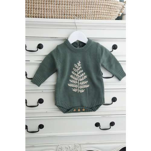 Warm Baby knit romper with Fern embroidery, boho baby outfit, soft knit clothes, Nature embroidered dungarees, Green embroidered romper