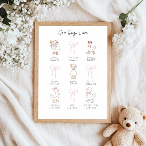 God Says I am Biblical Affirmations Silly Goose Christian Nursery Print Inspirational Scripture Print Kids Room Christian Wall Art