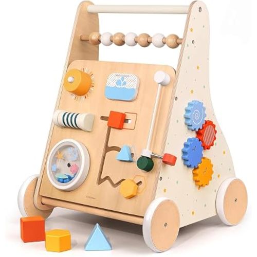 Wooden Baby Push Walker, 8-in-1 Montessori Activity Center