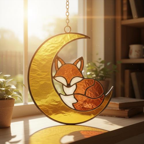 Sleeping Fox Moon Acrylic Suncatcher, Stained Glass Style Woodland Animal Window Hanging, Cozy Nursery Decor Gift