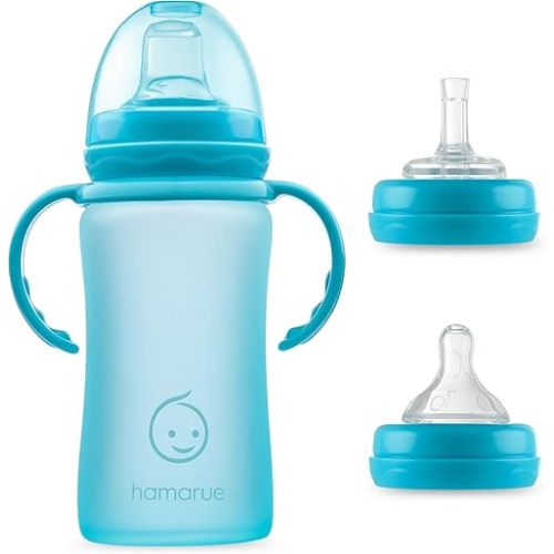 3-in-1 Glass Sippy Cups for Toddlers | Silicone Coated Glass Baby Bottles | Non-Toxic Transition Cup for Baby with Removeable Handles | Baby Straw Cup NB+,3M,6M,12M (Teal, 8 oz)