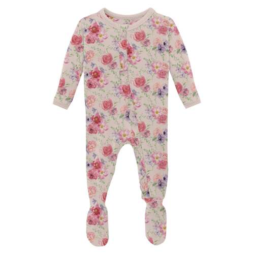 Print Layette Ruffle Footie with 2 Way Zipper in Shrinking Violet Dreamy Floral