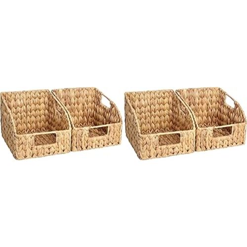 StorageWorks Pantry Baskets for Organizing, Wicker Basket with Built-in Handles, Handwoven Wicker Storage Baskets, Water Hyacinth for Shelves, 4 Pack