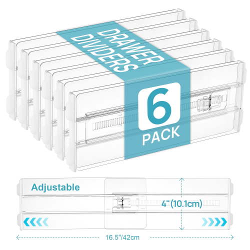 Vtopmart 6 Pack Drawer Dividers for Clothes, Adjustable 4" High Expandable from 10.6"-17" Clear Dresser Drawer Organizer