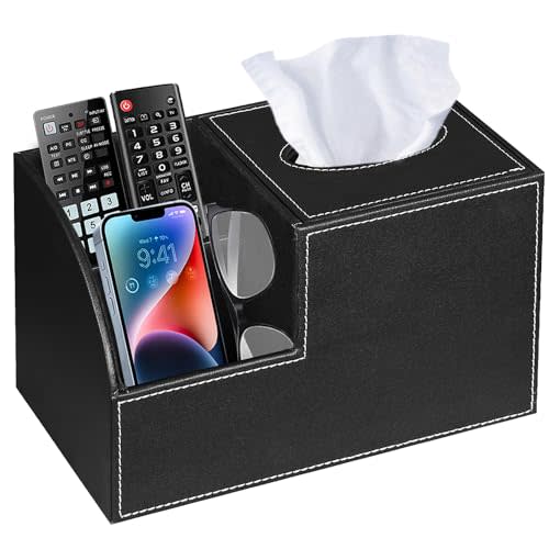 PU Leather Square Tissue Box Cover - Multi-Functional Tissue Box Holder, Tissue Box Cover with Storage,Tissue and Remote Control Holder, Cube Tissue Box Organizer Bedroom Nightstand End Table