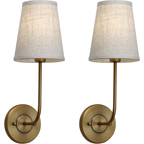 Pathson Set of 2 Vintage Wall Sconces Linen Fabric Shade, Hardwired Bathroom Vanity Lights Brass Finish, Industrial Wall Mounted Fixtures for Bedroom Living Room (Antique Brass)