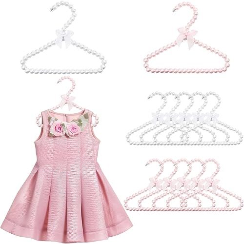 10 Pieces Small Pearl Hangers, 8 in Mini Bowknot Clothes Hangers with Ribbon, Elegant Pearl Beads Hanger for Women Pet Dog Cat (Pink, White)