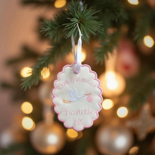 Custom Personalized Heirloom Embroidered Stork Baby First Christmas Tree Ornament